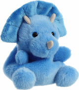 Blue plush dinosaur with a triceratops design on a white background