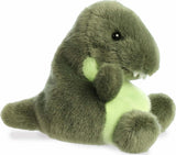 Plush dinosaur toy with green belly on a white background