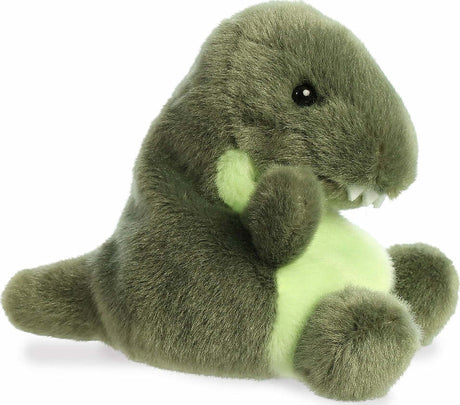 Plush dinosaur toy with green belly on a white background