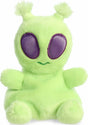 Green plush alien with purple eyes on a white background