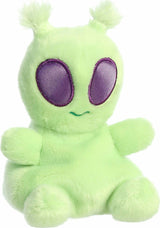 Green alien plush toy with purple eyes on a white background