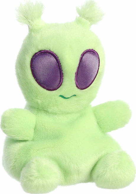 Green alien plush toy with purple eyes on a white background