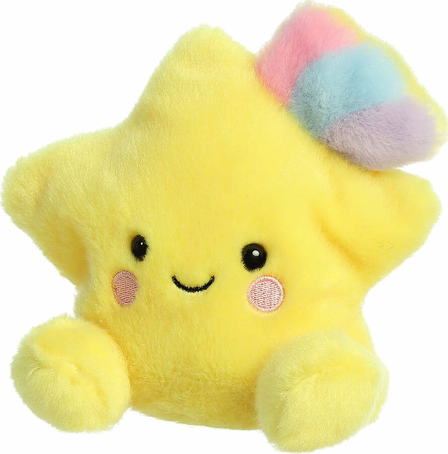 Yellow plush star toy with a rainbow on a white background