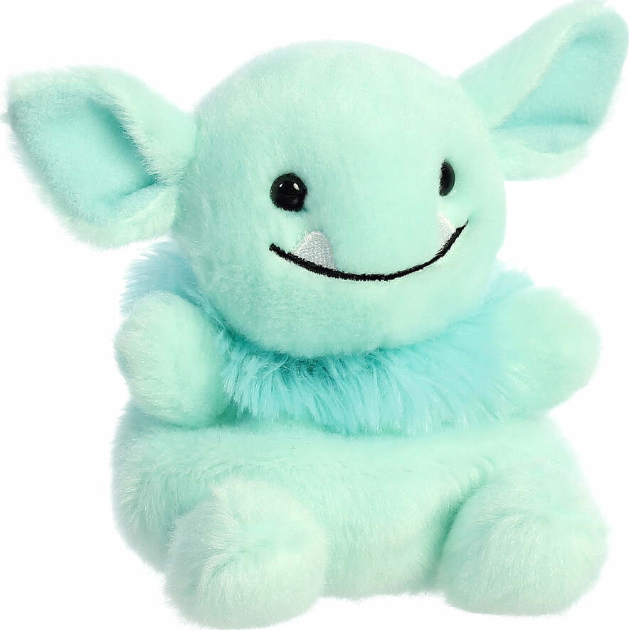 Plush teal goblin with a smiling face on a white background