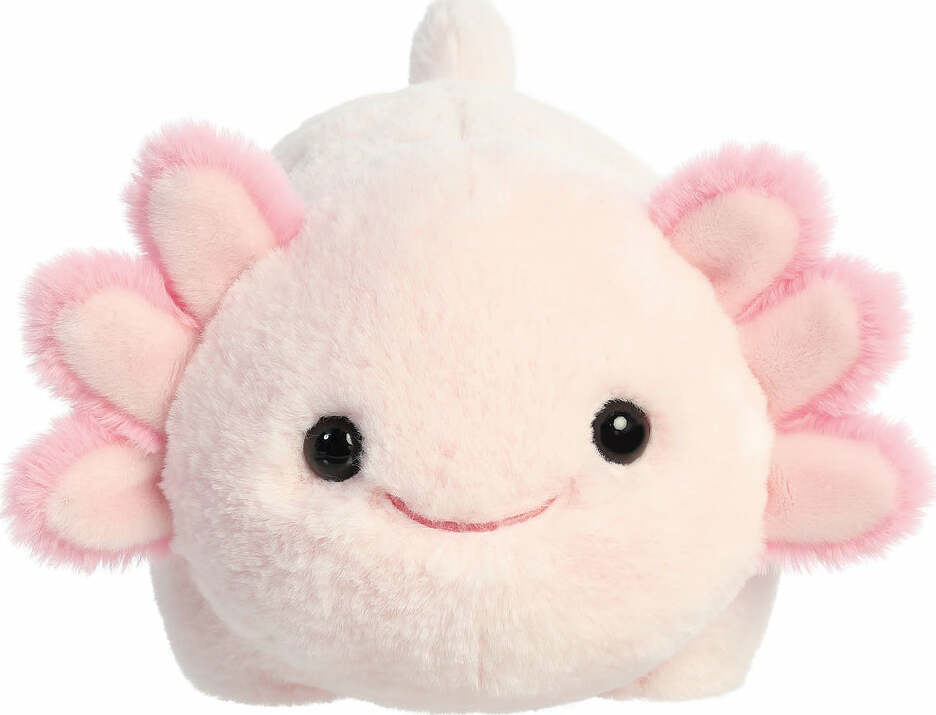 Plush axolotl with pink gills on a white background