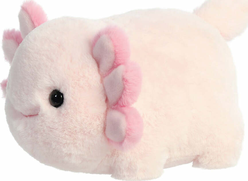 Plush toy axolotl with pink gills on a white background