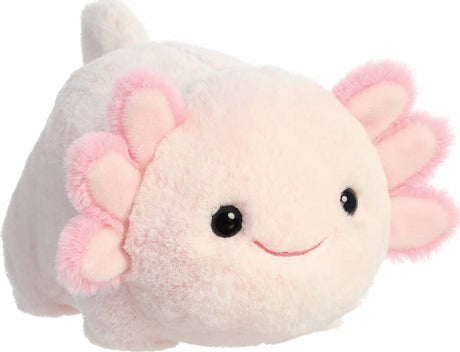 Plush toy axolotl with pink gills on a white background