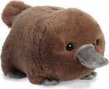 Plush toy platypus with a gray snout on a white background