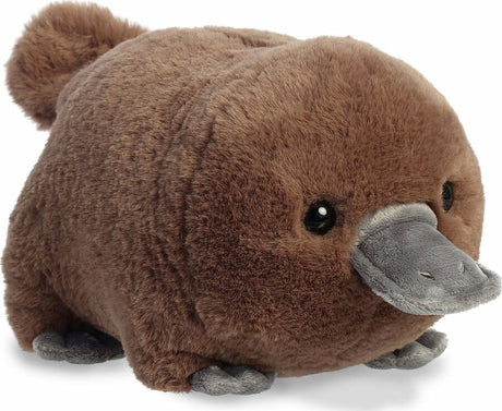 Plush toy platypus with a gray snout on a white background
