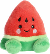 Plush toy shaped like a watermelon with a smiling face on a white background