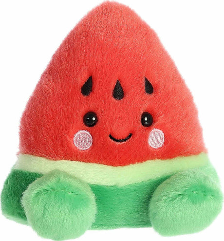 Plush toy shaped like a watermelon with a smiling face on a white background