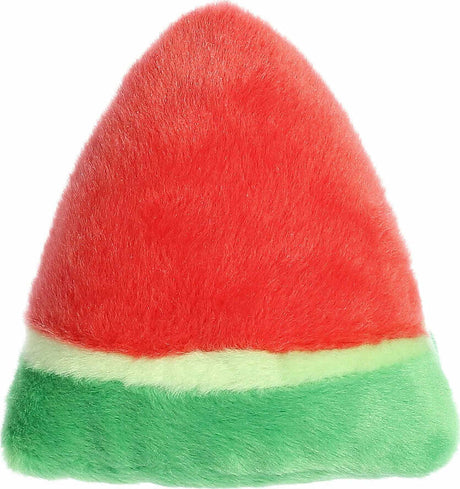 Toy resembling a watermelon with red top and green bottom on a white background