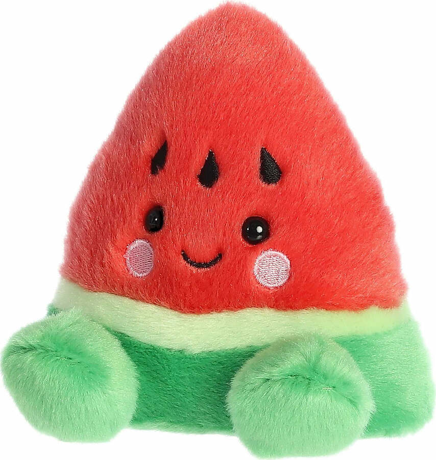 Plush watermelon toy with a smiling face on a white background