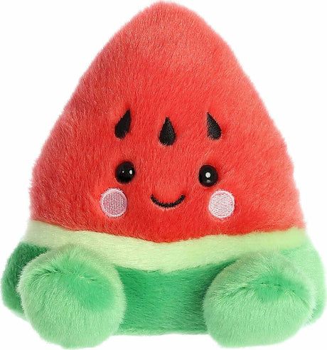 Plush toy shaped like a watermelon with a smiling face on a white background