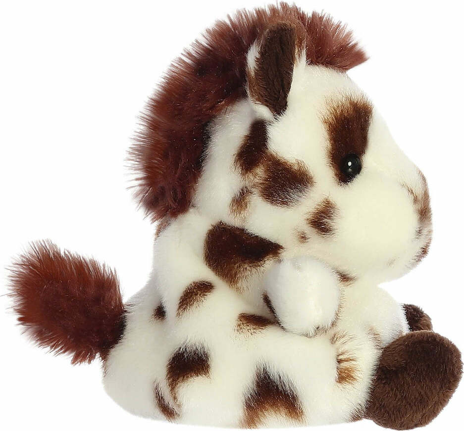 Plush toy horse with brown and white fur on a white background