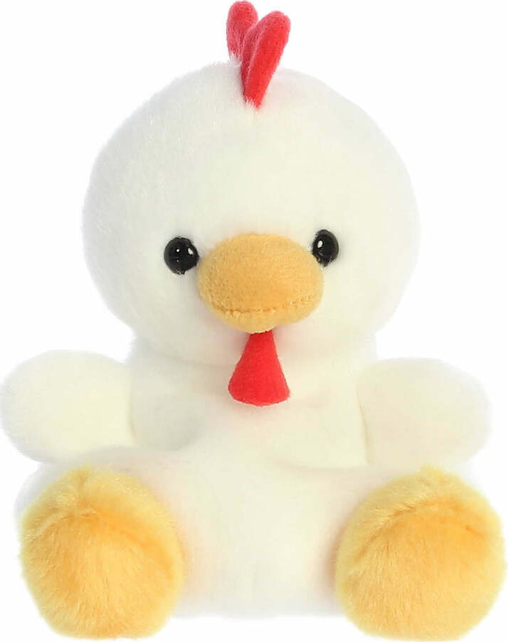 Plush toy chicken with a red comb on a white background