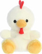 Plush toy chicken with a red comb on a white background