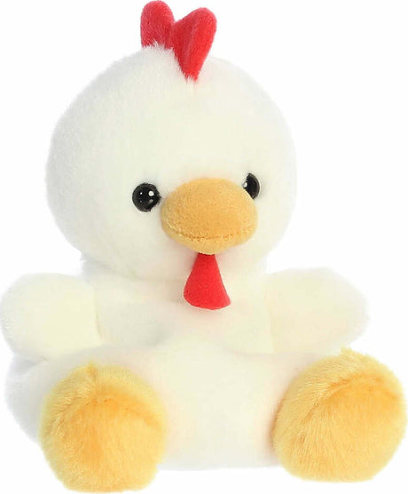 Plush toy chicken with a white body, red comb, and feet, on a white background