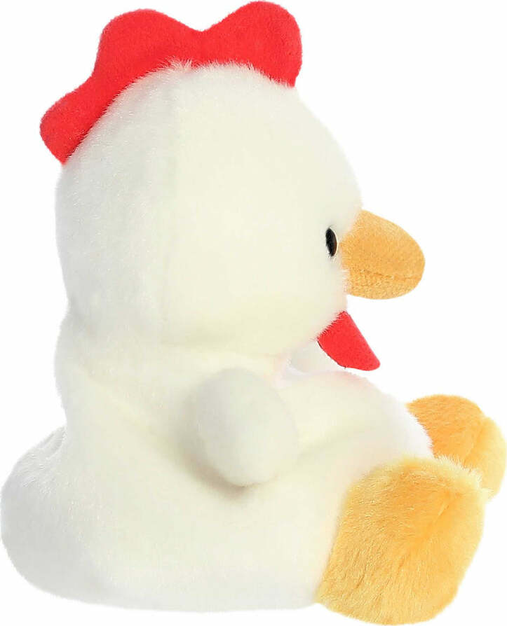 Plush toy chicken with a red comb on a white background
