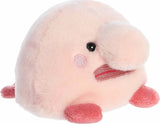 Plush toy resembling a pink creature with red accents on a white background
