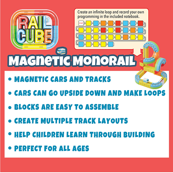 Advertisement for Rail Cube Magnetic Monorail with colorful text and toy illustration on a red background.