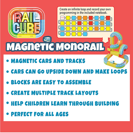 Advertisement for Rail Cube Magnetic Monorail with colorful text and toy illustration on a red background.