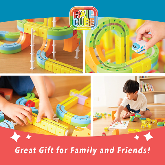 Colorful toy Magnetic Monorail Starter Set with children playing, featuring the RailCube brand.