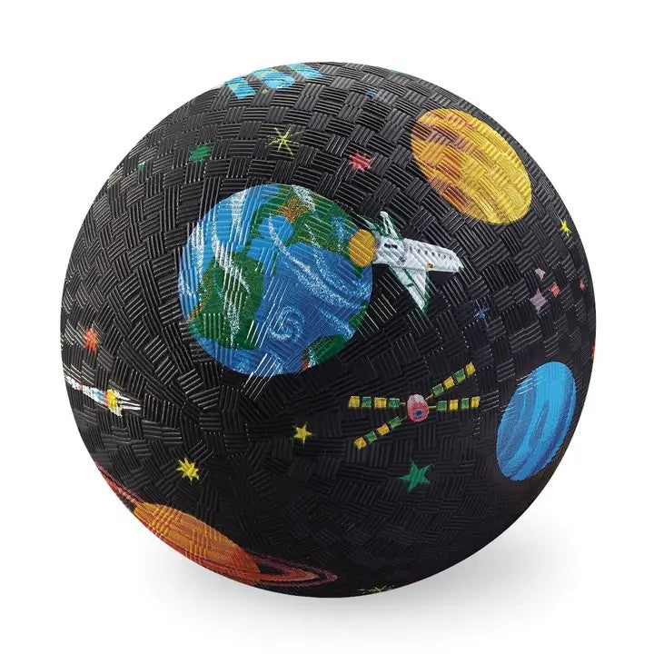 Space Exploration 5 Inch Ball with planets and rockets on a black background