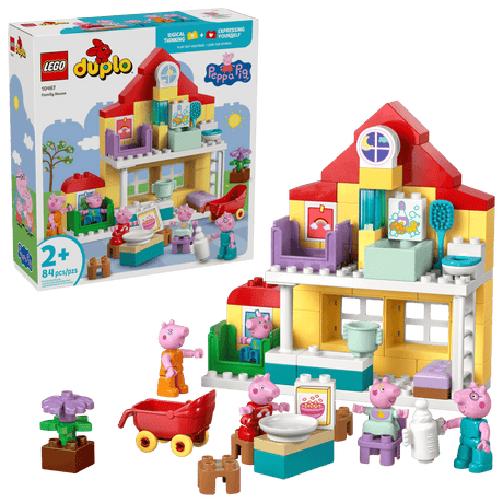 LEGO Duplo set with Peppa Pig  Family House and characters with house model on a green background