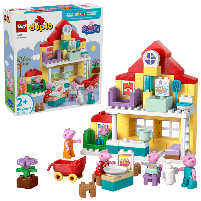 LEGO Duplo set with Peppa Pig  Family House and characters with house model on a green background