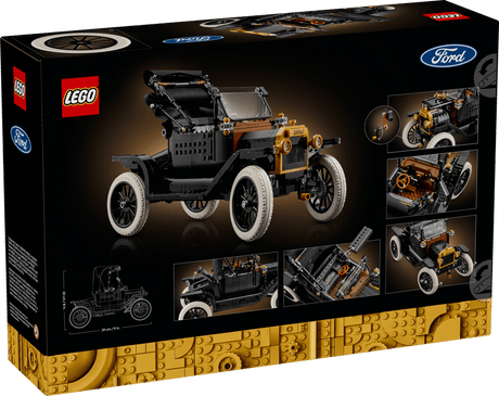 LEGO Ford model T set packaging with detailed illustrations on a black background