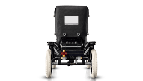 Back view of a black LEGO  Ford Model T on a green background