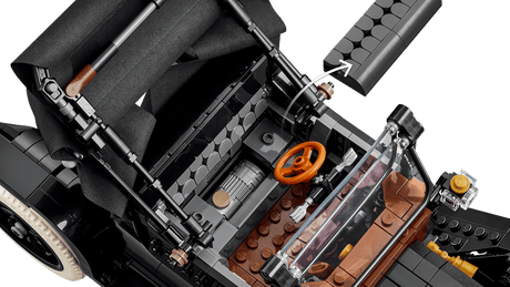 Close-up of a LEGO  Ford Model T with detailed components.