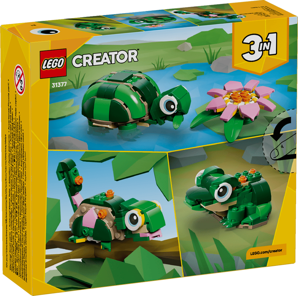LEGO Creator set packaging featuring a turtle, frog, and flower on a green background.