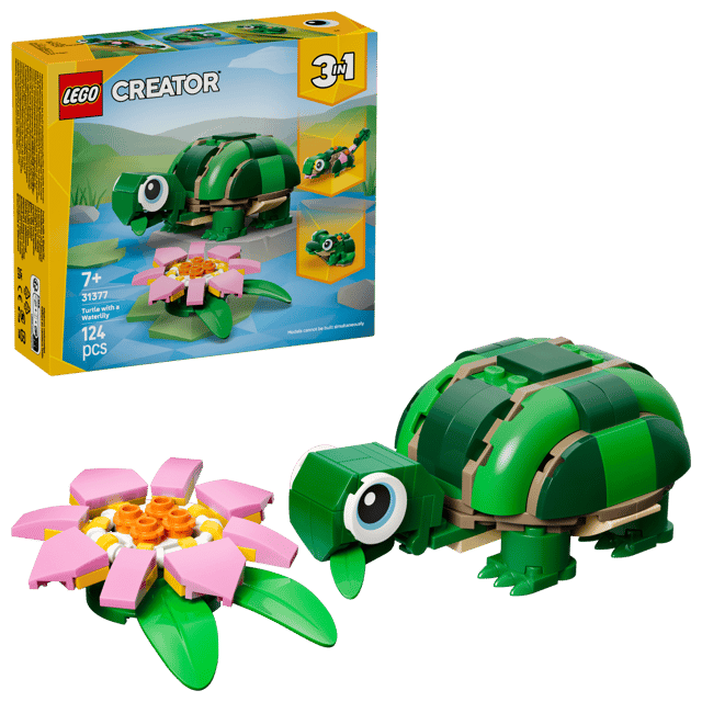 LEGO Creator turtle and flower set with packaging on a clear background