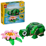 LEGO Creator turtle and flower set with packaging on a clear background