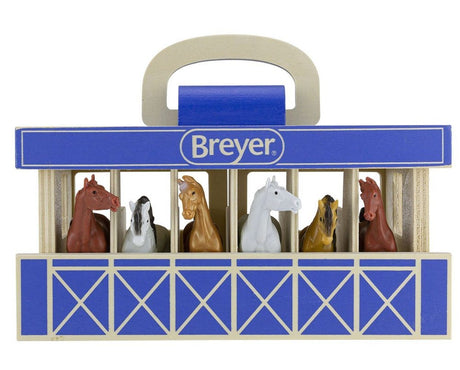 Breyer model horse set in a blue and beige carrying case on a white background