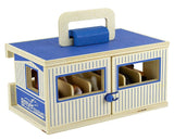 Wooden toy stable with blue accents and Breyer Farms branding on a white background