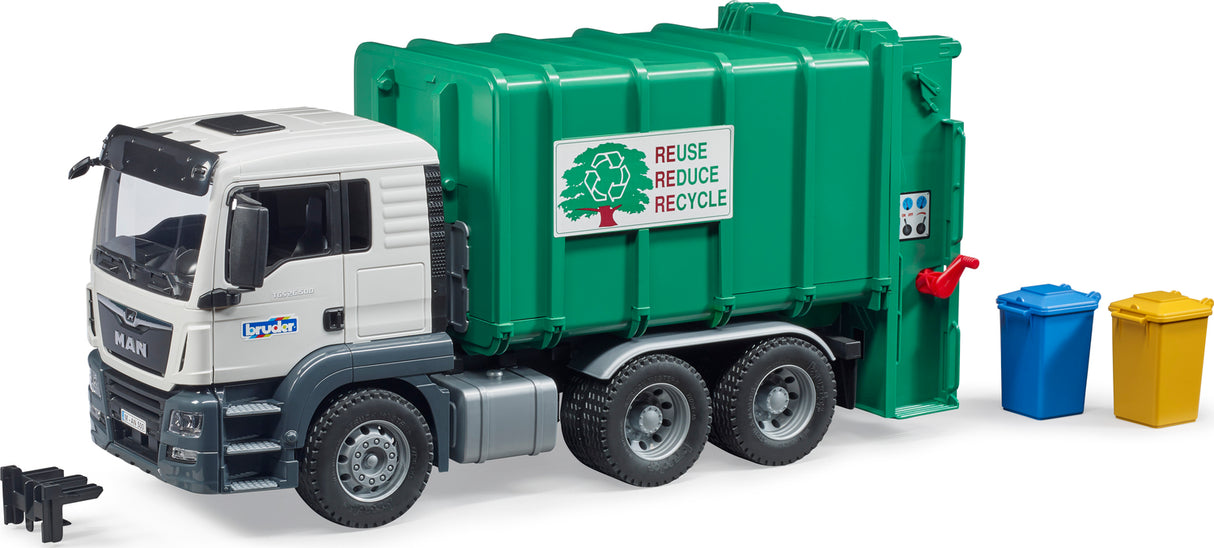 Man Tgs Rear Loading Garbage Truck with recycling message on a white background