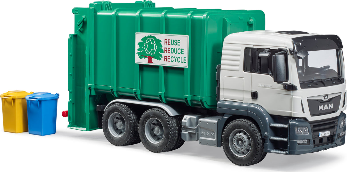 Man Tgs Rear Loading Garbage Truck with a green container and 'Reuse Reduce Recycle' sign, next to yellow and blue trash bins on a white background.