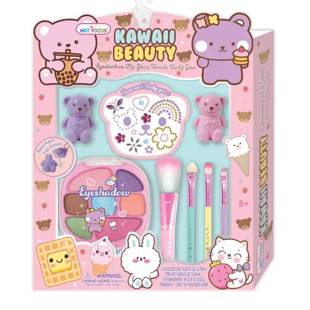 Kawaii Beauty Eyeshadow Dip Pen Set in its original packaging, featuring a pink box with cute cartoon bear illustrations, a small eyeshadow palette, two purple teddy bears, and three makeup brushes.