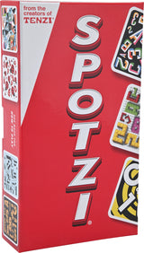 Red box of Spotzi game with colorful cards on a white background