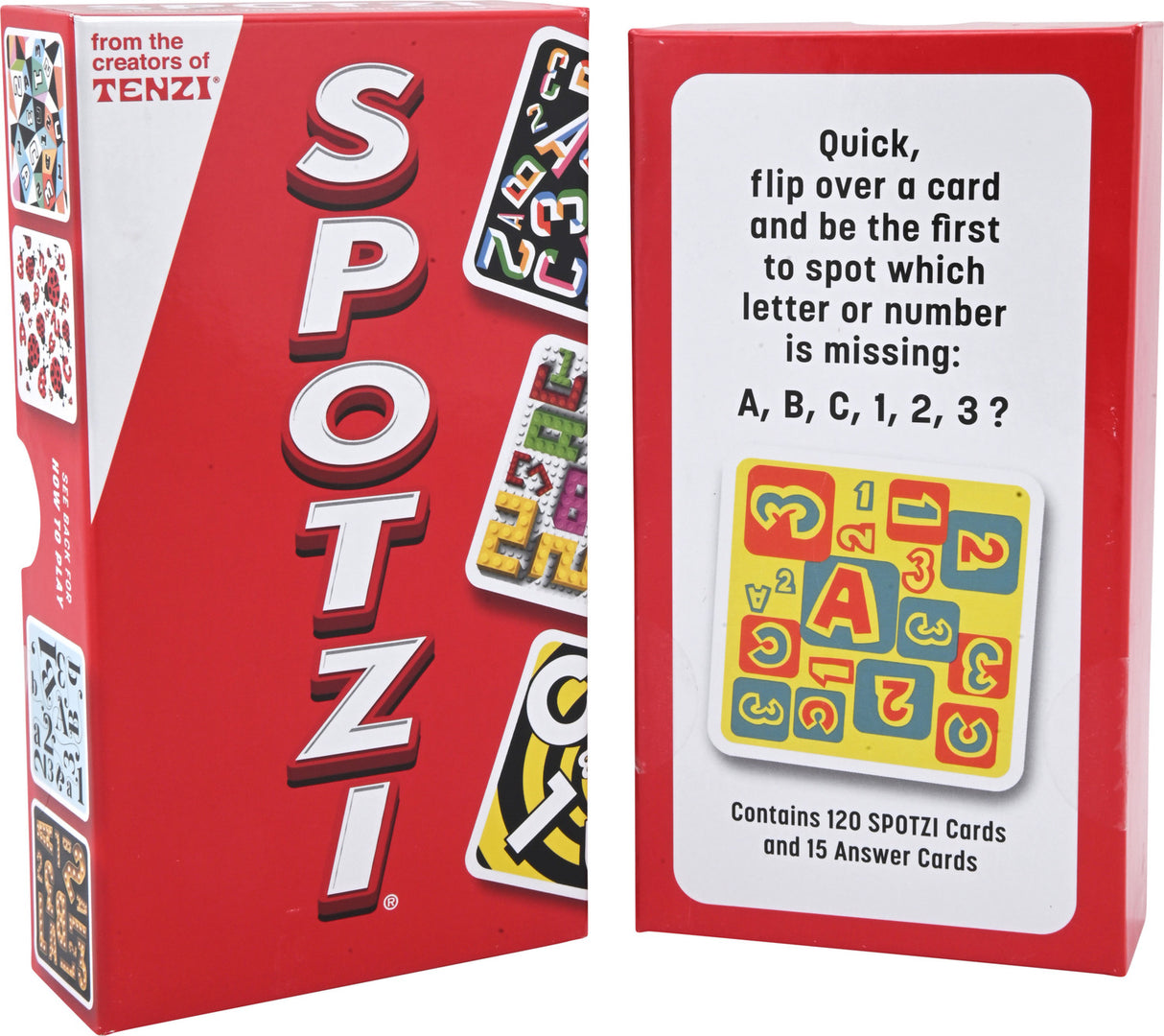 SPOTZ! card game packaging with cards and instructions on a white background