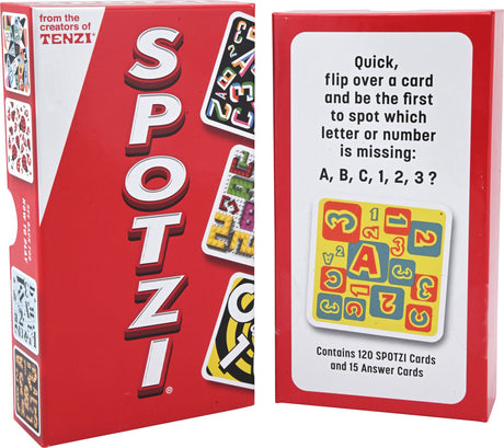 SPOTZ! card game packaging with cards and instructions on a white background