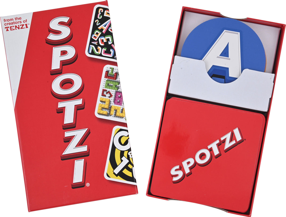 Red 'Spotzi' packaging with colorful letters on a white background