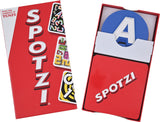 Red 'Spotzi' packaging with colorful letters on a white background