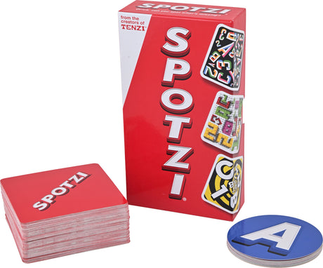 Red 'Spotzi' card game box with cards and a letter 'A' token on a white background