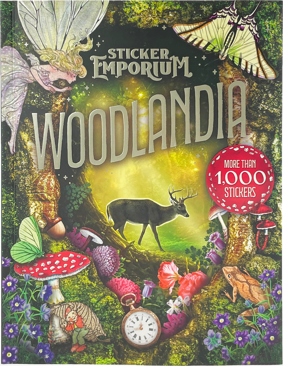 Sticker book cover titled 'Woodlandia' by Sticker Emporium with forest-themed illustrations and text.