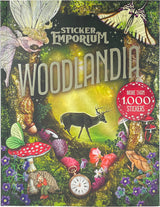 Sticker book cover titled 'Woodlandia' by Sticker Emporium with forest-themed illustrations and text.