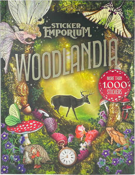 Sticker book cover titled 'Woodlandia' by Sticker Emporium with forest-themed illustrations and text.